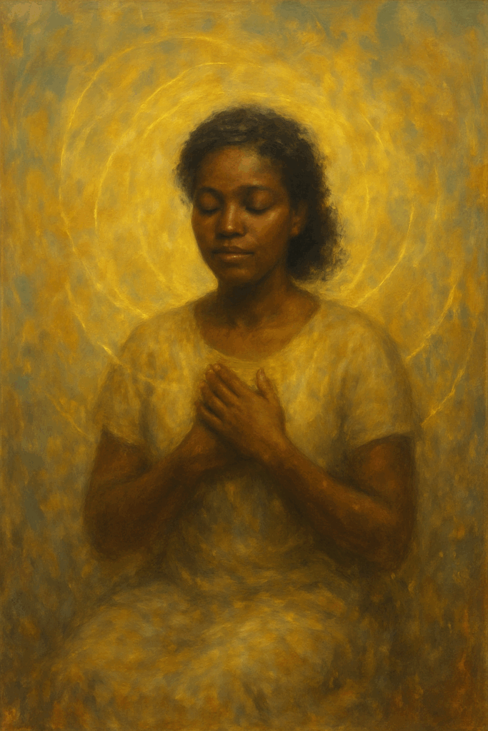 A woman sits with hands on her heart, surrounded by soft golden threads of light, symbolizing being held together by love.