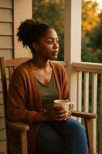 A woman sitting on a porch in warm light, holding a mug and gazing into the distance, symbolizing reflection, calm, and hope.