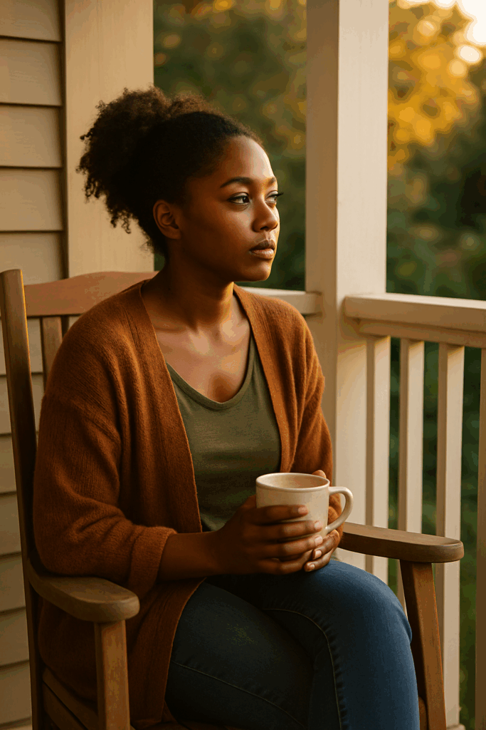 A woman sitting on a porch in warm light, holding a mug and gazing into the distance, symbolizing reflection, calm, and hope.