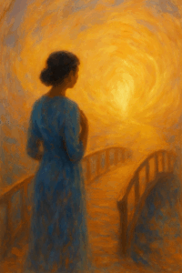 A woman stands at the start of a softly glowing bridge at sunset, hand on her heart, surrounded by warm light symbolizing Love as the bridge that gets her through.