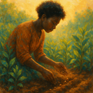 A woman planting seeds in soil, representing unseen acts of love and faithfulness.