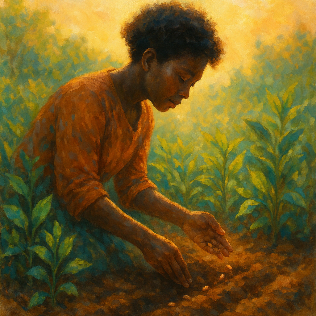 A woman planting seeds in soil, representing unseen acts of love and faithfulness.