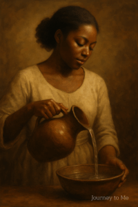 Woman pouring water from a pitcher into a bowl, symbolizing the legacy of love passed down through nurturing.