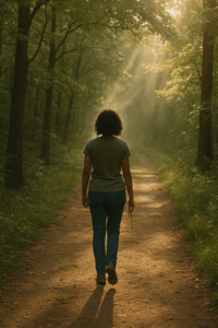 A woman walking down a wooded path, symbolizing strength, survival, and the quiet journey of healing.
