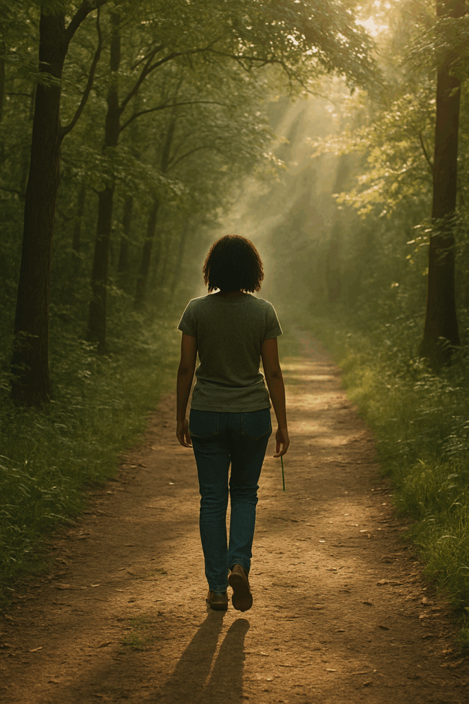 A woman walking down a wooded path, symbolizing strength, survival, and the quiet journey of healing.