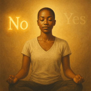A serene woman sits calmly with her eyes closed, surrounded by softly glowing 'No' signs and faded 'Yes' signs, representing peace and reclaimed mental space.