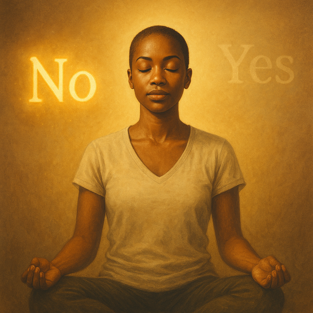 A serene woman sits calmly with her eyes closed, surrounded by softly glowing 'No' signs and faded 'Yes' signs, representing peace and reclaimed mental space.
