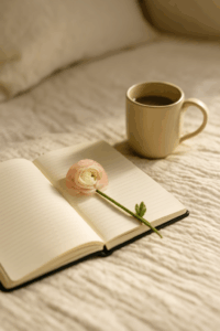 A journal and flower placed peacefully on a bed, symbolizing stillness, sacred reflection, and hope.