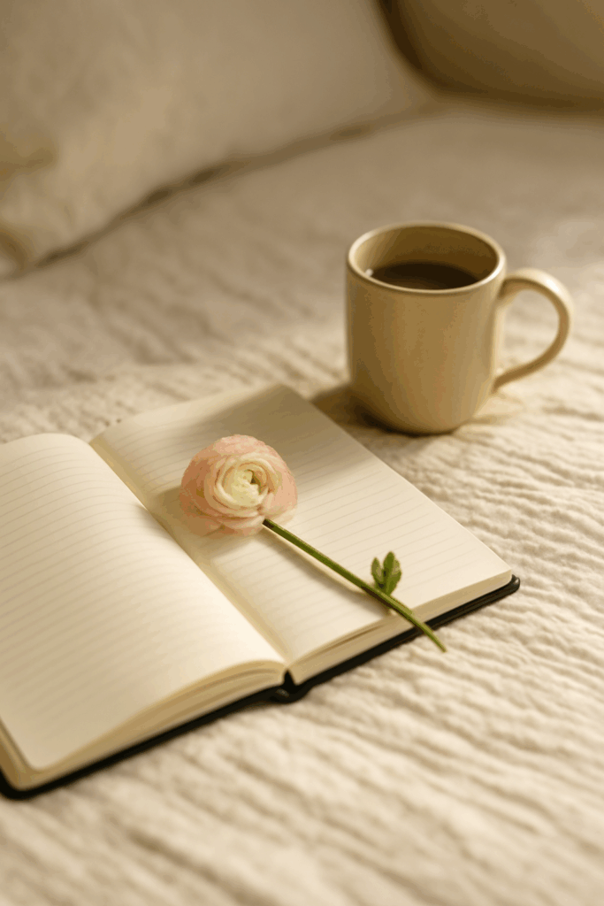 A journal and flower placed peacefully on a bed, symbolizing stillness, sacred reflection, and hope.