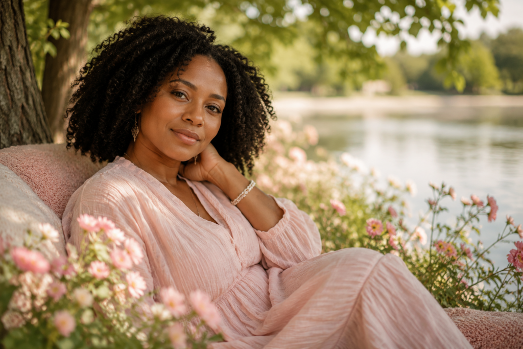 Black woman in a soft pink dress resting peacefully beneath trees near the water, surrounded by pink flowers, symbolizing healing, tenderness, and quiet strength.