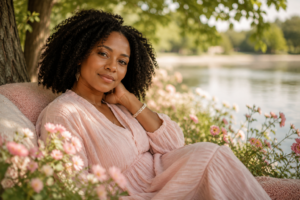 Black woman in a soft pink dress resting peacefully beneath trees near the water, surrounded by pink flowers, symbolizing healing, tenderness, and quiet strength.