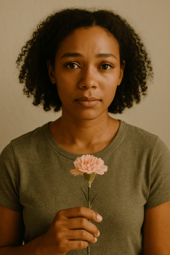 A close-up portrait of a woman with glistening eyes, holding a small flower, representing emotional strength in softness.