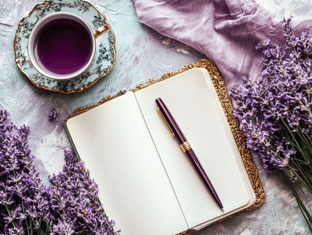 Open journal with purple pen, lavender flowers, and herbal tea symbolizing mental health reflection and goal setting