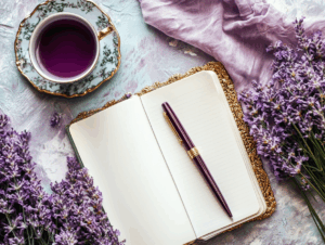 Open journal with purple pen, lavender flowers, and herbal tea symbolizing mental health reflection and goal setting