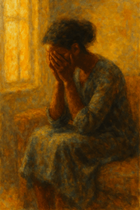 A woman sits quietly, her head bowed into her hands, light streaming behind her, symbolizing the heaviness of love and the invitation to rest.