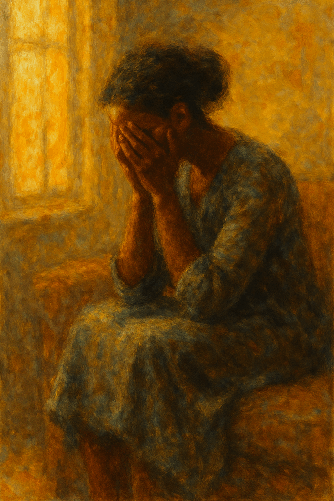 A woman sits quietly, her head bowed into her hands, light streaming behind her, symbolizing the heaviness of love and the invitation to rest.