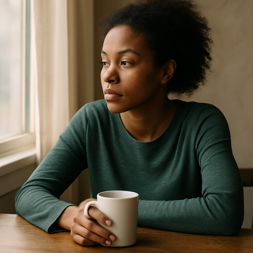 Woman seated alone at a table, hand on coffee mug, looking out window with a thoughtful, emotionally distant expression