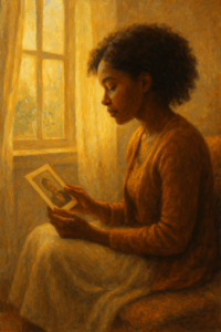A woman sitting in quiet reflection by a window, holding a photo, representing lingering love and memory.