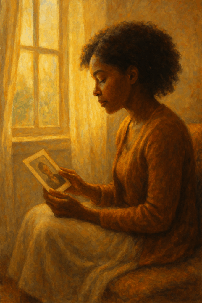 A woman sitting in quiet reflection by a window, holding a photo, representing lingering love and memory.