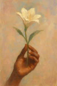 A tender hand holding a delicate flower, symbolizing love’s soft, enduring power.