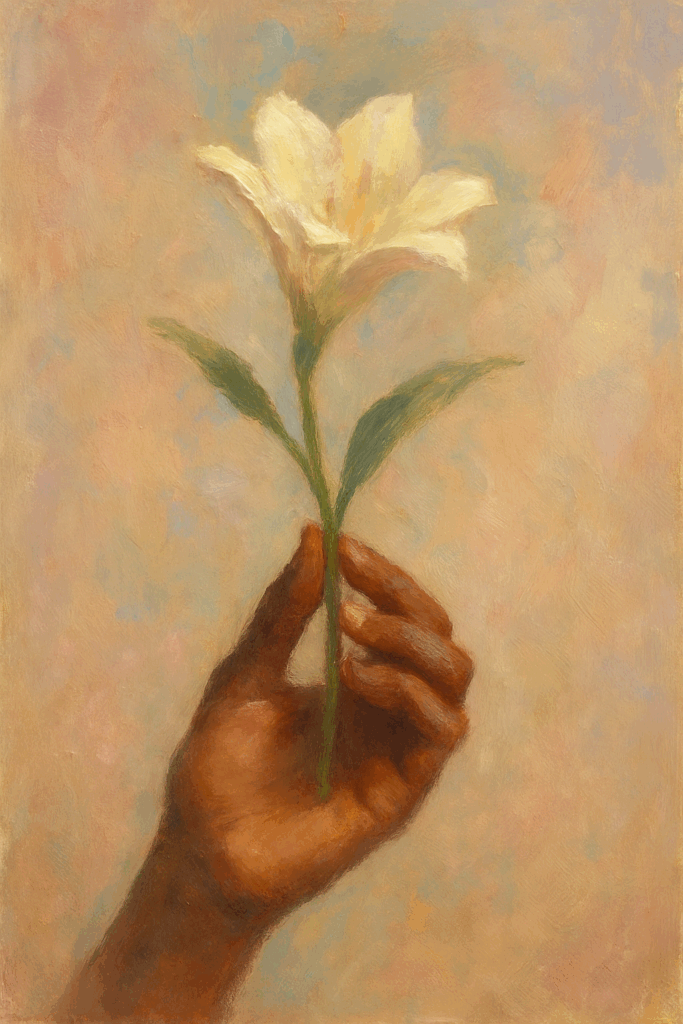 A tender hand holding a delicate flower, symbolizing love’s soft, enduring power.