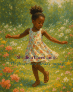 Little girl twirling joyfully in a sunlit flower field, wearing a floral dress with eyes closed and arms outstretched, radiating inner peace and wonder.