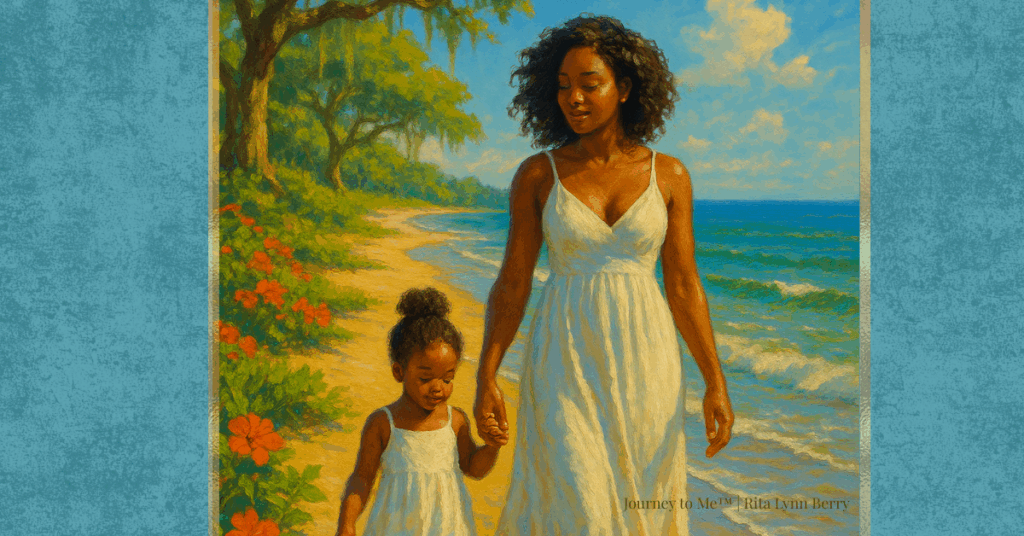 A mother and child walk hand in hand along a coastal path, surrounded by flowers and waves, symbolizing quiet love, presence, and sacred motherhood.
