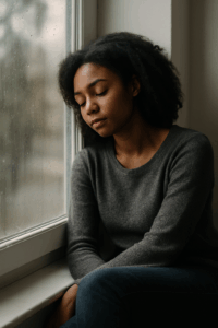 Woman resting her head against a window while reflecting