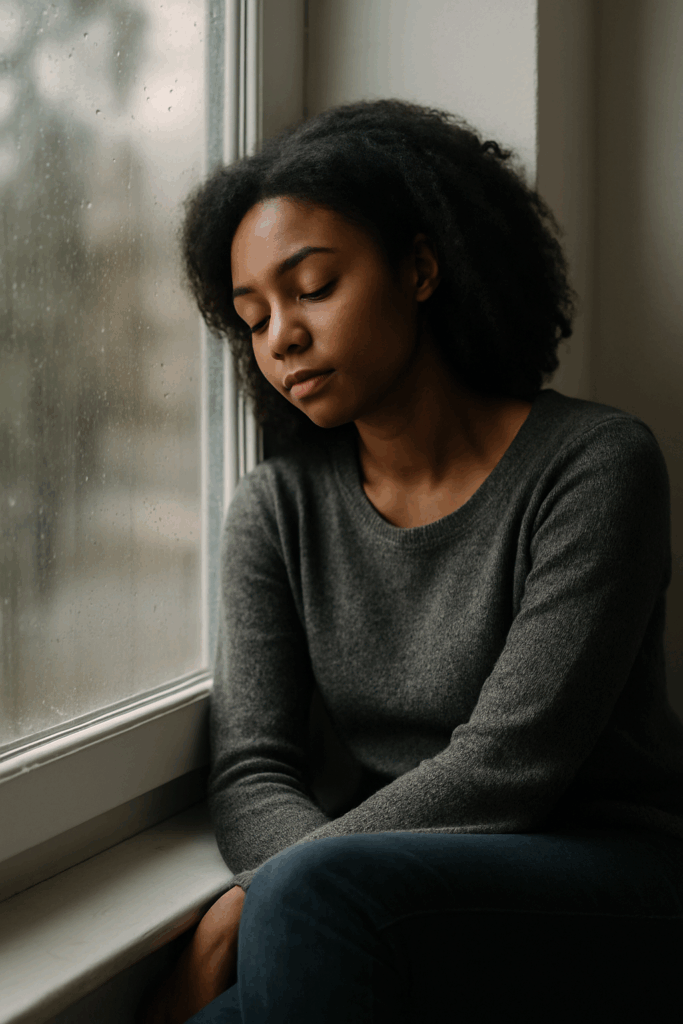 Woman resting her head against a window while reflecting