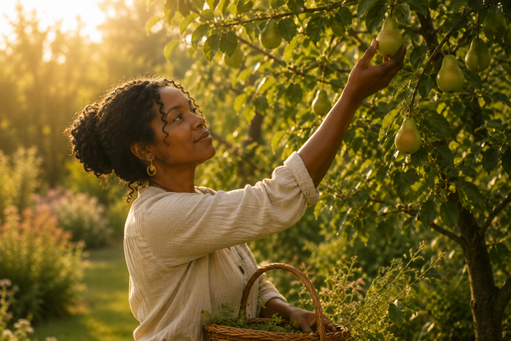 Black woman reaching toward ripening pears on a tree in a sunlit garden, symbolizing healing, growth, hope, and the gentle unfolding of love.