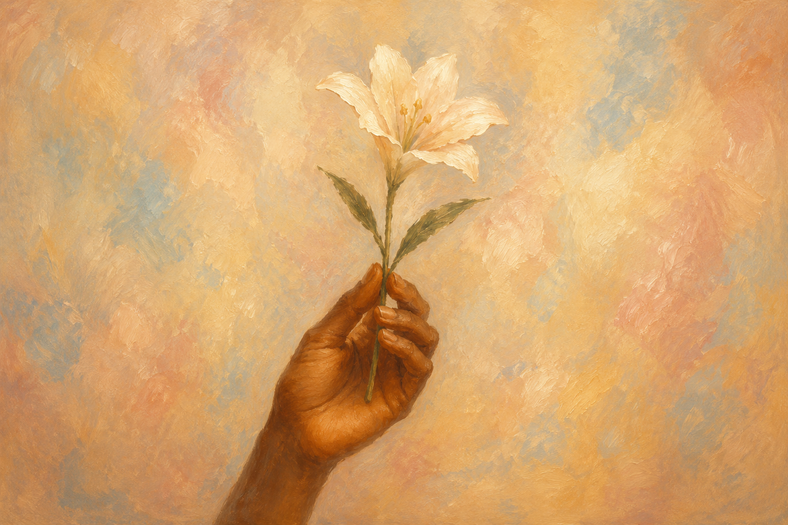 Painterly image of a Black woman’s hand gently holding a soft white flower against a warm pastel background, symbolizing tenderness, healing, and quiet strength.