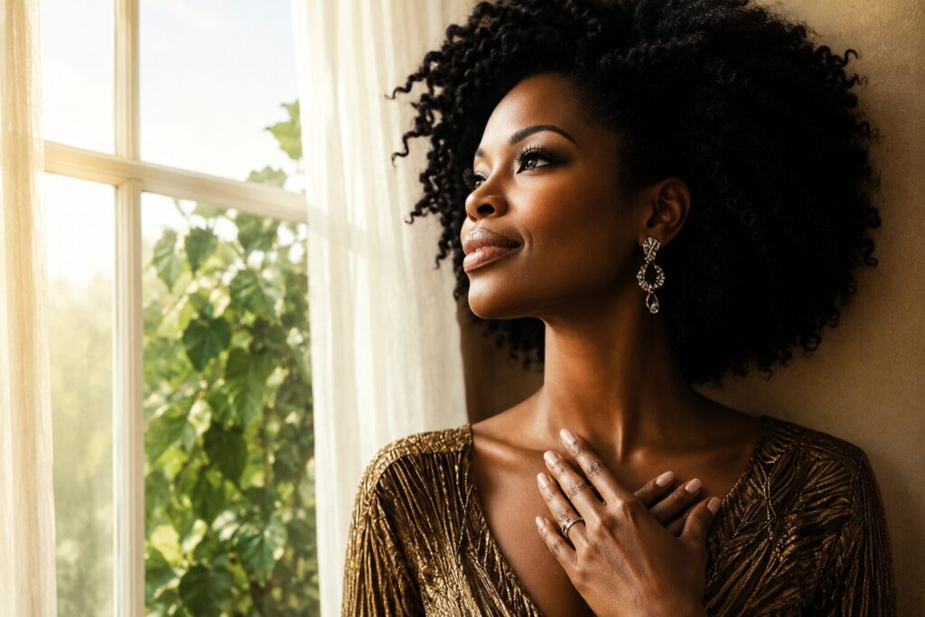 A woman standing near a softly lit window with her hand over her heart, reflecting in warm natural light with a peaceful and nurturing expression.