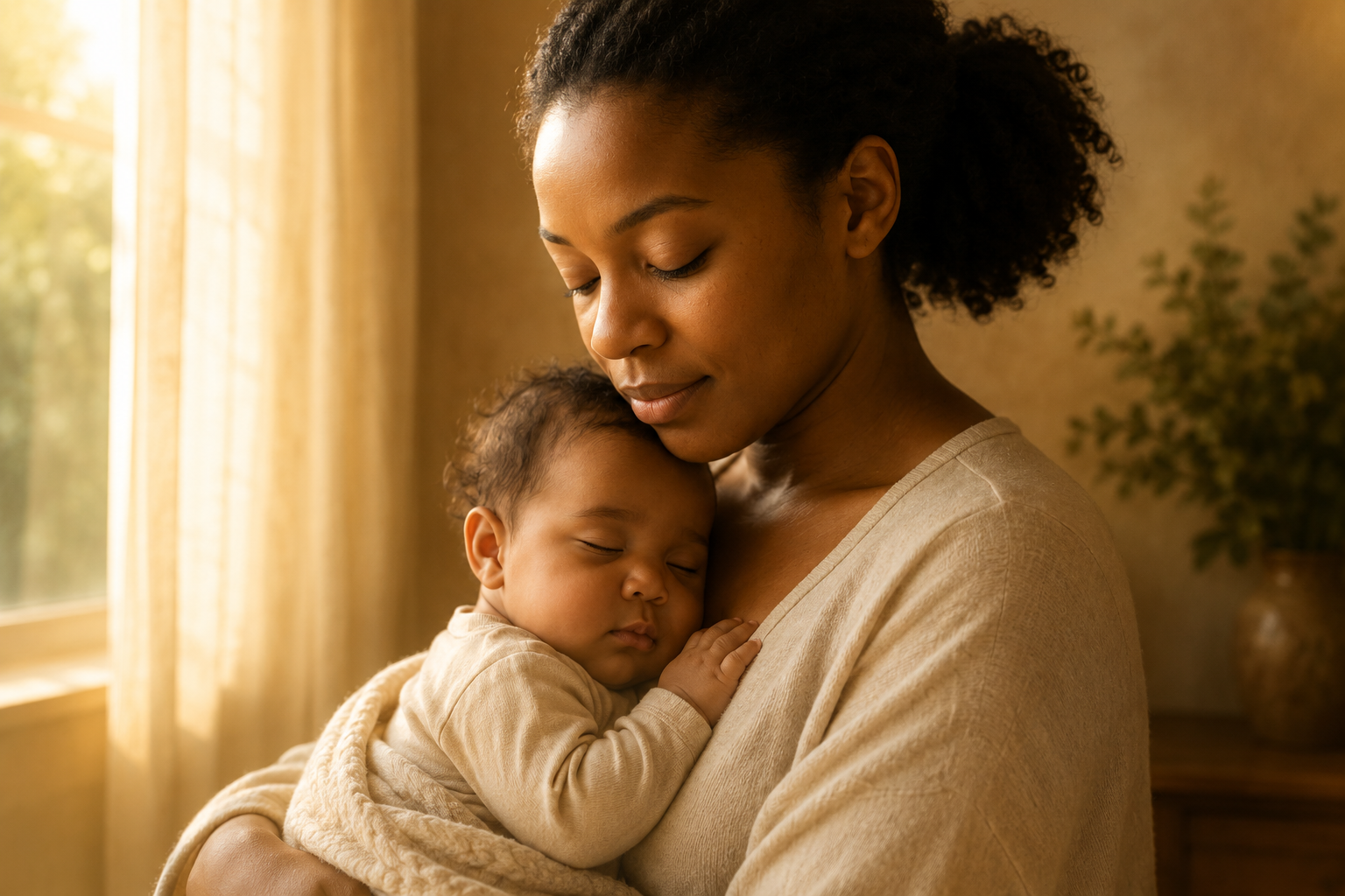 A peaceful Black mother gently cradles her sleeping baby in warm golden light near a softly lit window, expressing tenderness, comfort, and nurturing love.