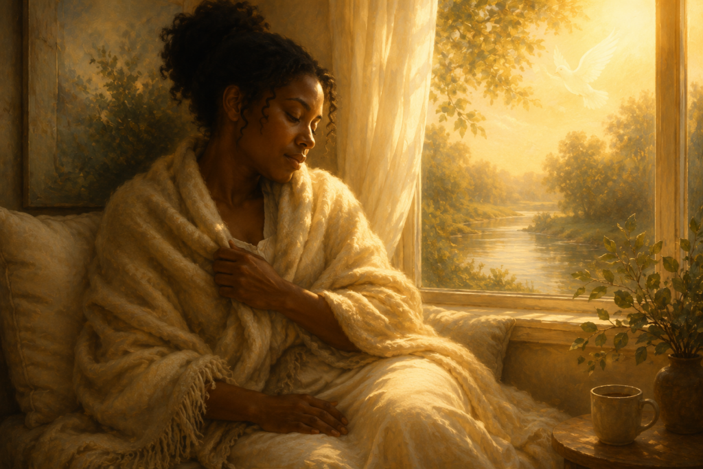 A peaceful Black woman wrapped in a soft cream shawl sits beside a glowing window overlooking a quiet river, surrounded by warm golden light with a subtle dove shape in the background.