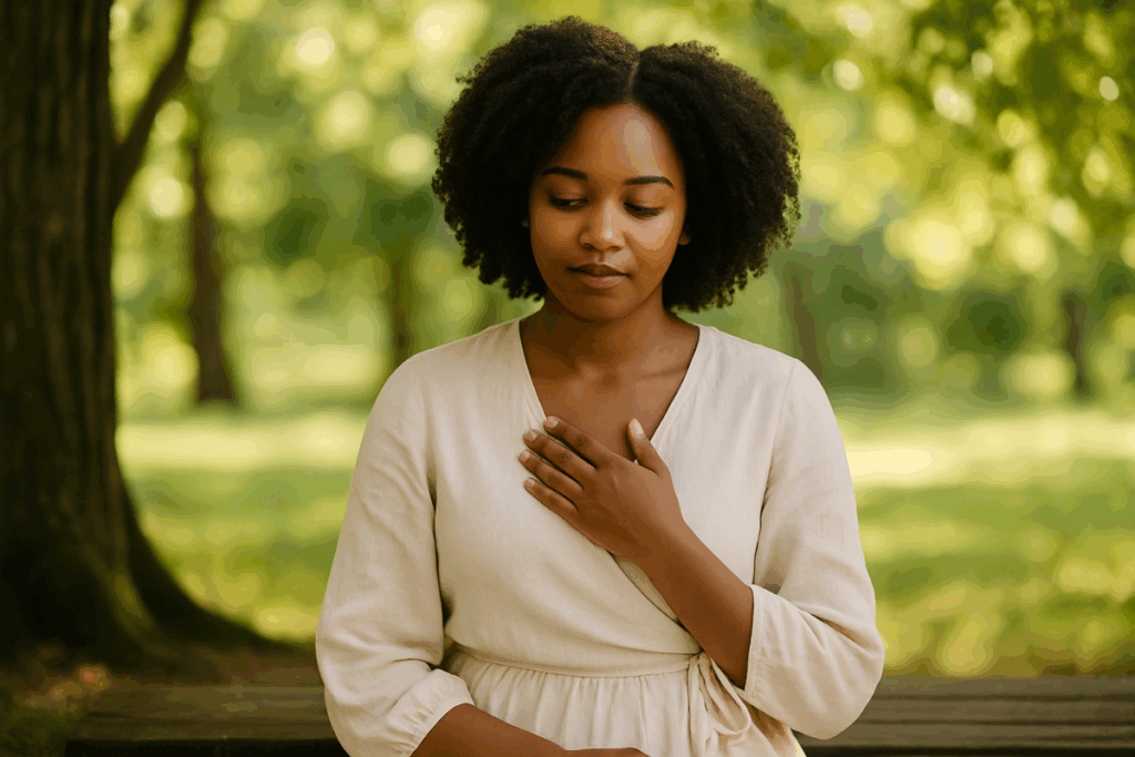 A Black woman sits on a wooden bench under a tree canopy, eyes gently lowered, with one hand resting over her heart, dressed in a soft cream wrap dress.