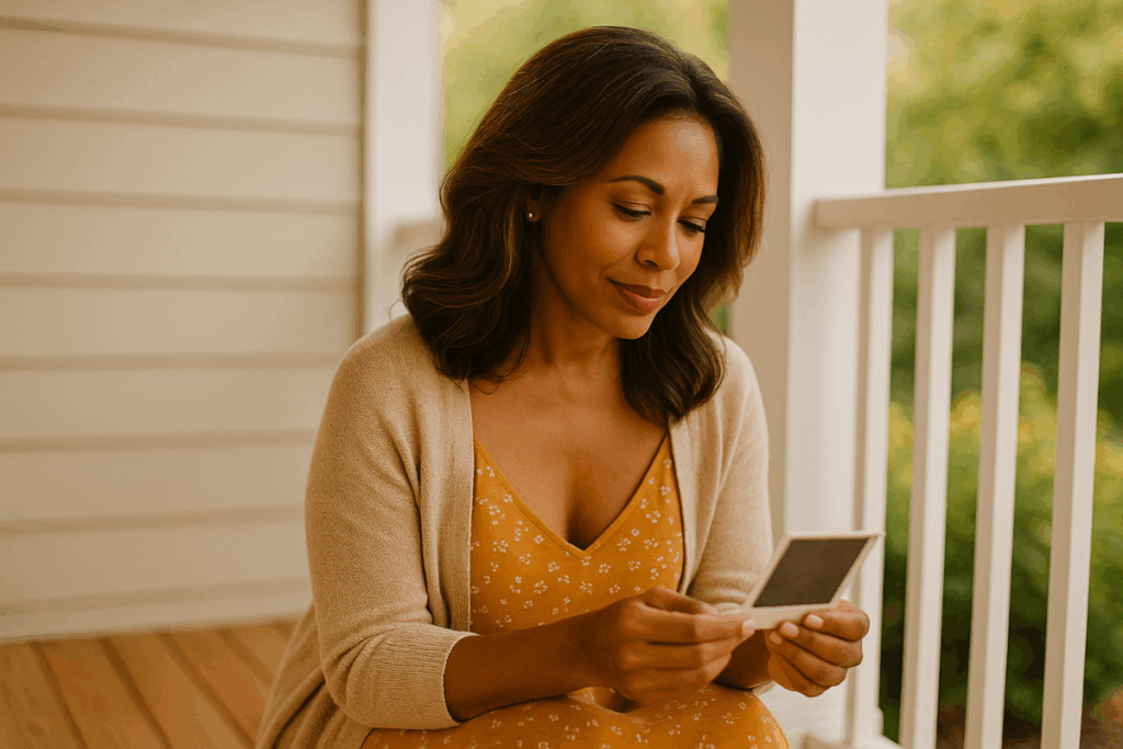A beautiful, Black woman sits reflectively on a porch in warm natural light, holding a photo and looking off softly into the distance. Her expression is peaceful and contemplative, embodying the healing power of memory, fatherhood, and spiritual covering.