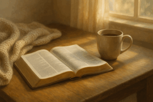 Flat lay of an open Bible and journal with tea, representing Christian devotionals for emotional healing.