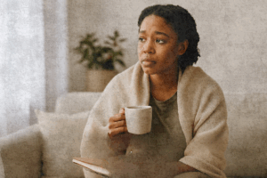 A concerned woman sits quietly on a sofa with a journal and a warm drink, wrapped in a soft shawl, gazing out thoughtfully.