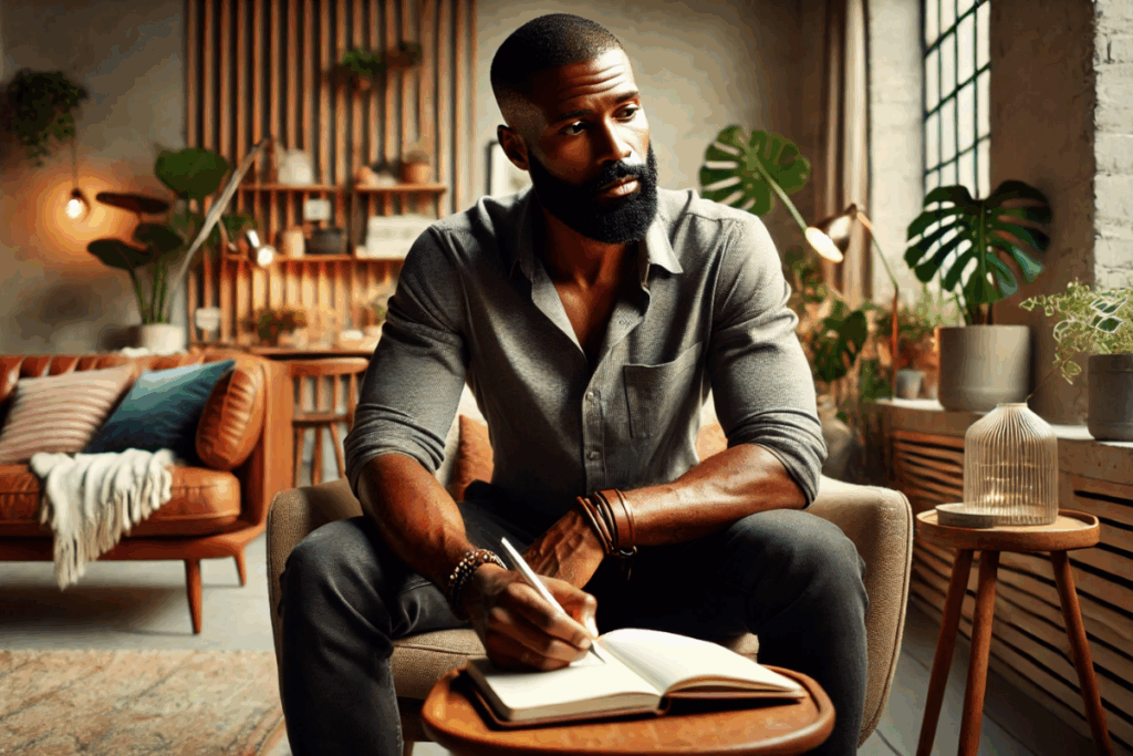 Thoughtful Black father seated alone in a cozy, warmly lit room, journaling in a leather-bound notebook. He wears a button-down shirt and jeans, surrounded by plants, natural textures, and soft, inviting decor. The mood is introspective, hopeful, and nurturing.