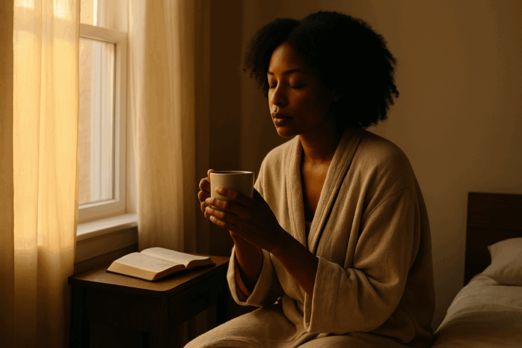 A Black woman sits peacefully near a sunlit window, holding a mug in both hands, with an open book beside her on a wooden nightstand.