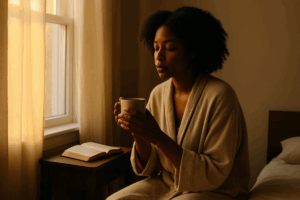 A Black woman sits peacefully near a sunlit window, holding a mug in both hands, with an open book beside her on a wooden nightstand.