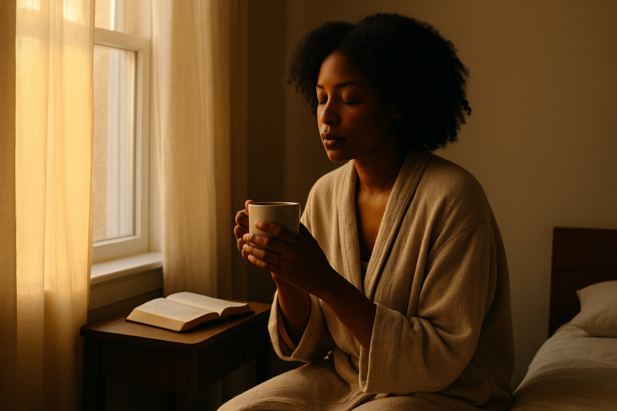 A Black woman sits peacefully near a sunlit window, holding a mug in both hands, with an open book beside her on a wooden nightstand.