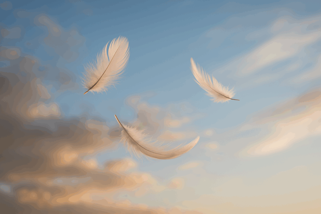 Soft feathers floating upward on a gentle breeze.