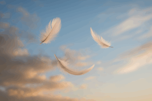 Soft feathers floating upward on a gentle breeze.