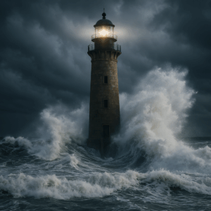 Lighthouse standing strong in the middle of a stormy sea, waves crashing around it.