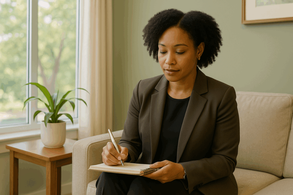 African-American woman journaling peacefully at home during online therapy session in Raleigh NC
