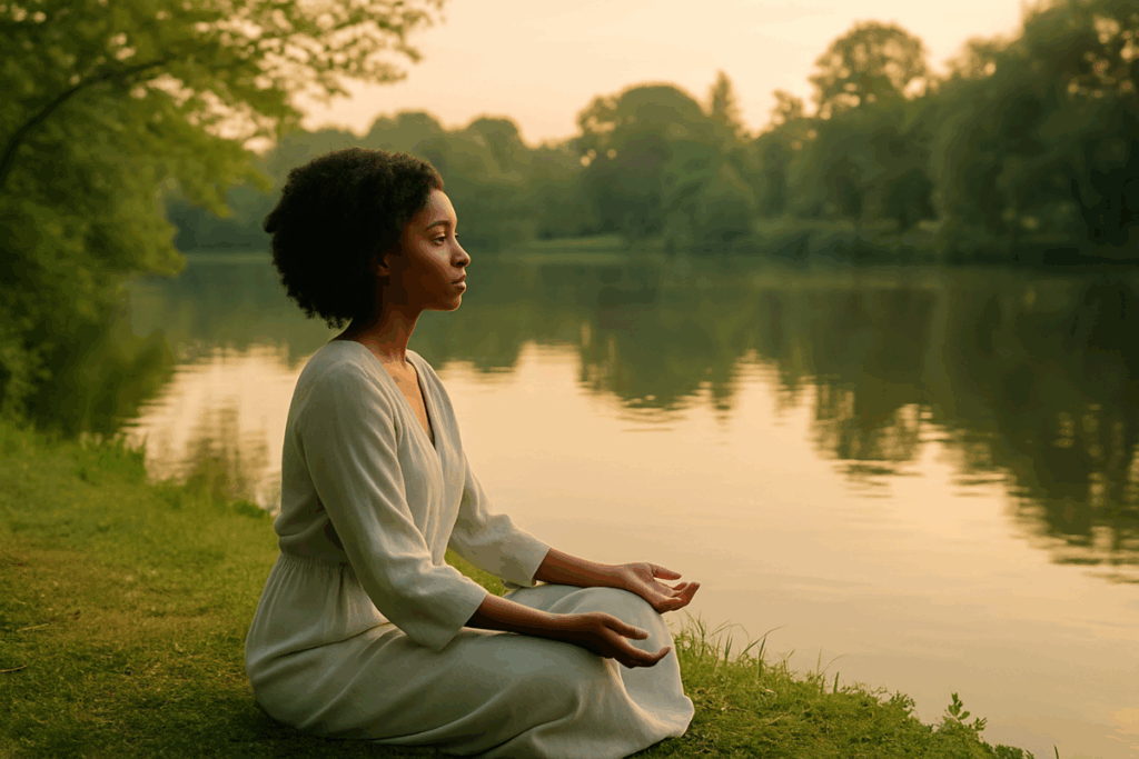 A Black woman sits quietly on the grass beside a still pond at sunrise, dressed in a flowing off-white dress with her hands resting open beside her, gazing softly across the water.