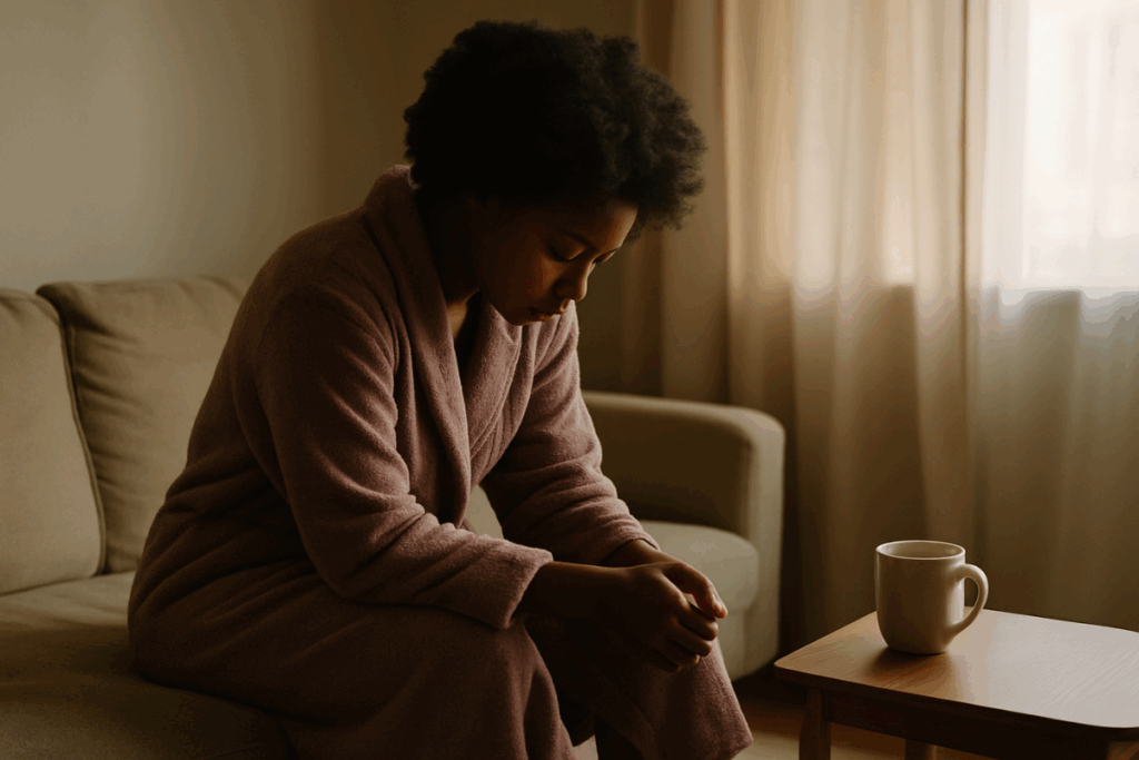 A Black woman sits on a beige couch in a softly lit room, wearing a mauve robe, leaning forward with her head lowered and hands resting near her knees. A warm mug sits on a nearby table.