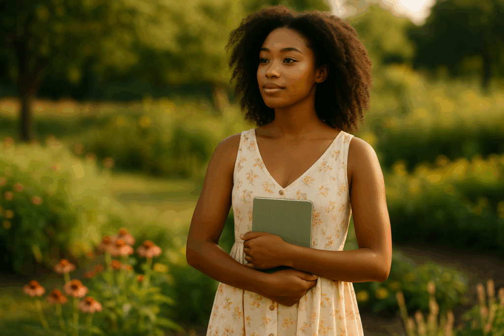 A young Black woman in a flowing summer dress stands in a sunlit garden, holding a book to her chest with both hands. Surrounded by soft greenery and golden light, she appears peaceful and reflective — symbolizing spiritual growth and unseen transformation.
