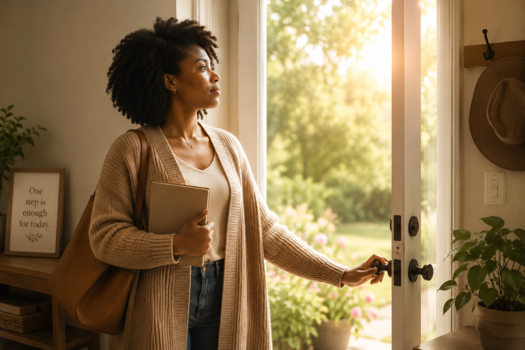 Black woman standing near an open doorway holding a journal and bag while looking toward soft morning light, symbolizing courage, healing, transition, and taking gentle steps forward despite uncertainty.